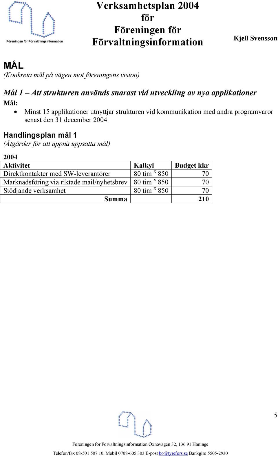 Handlingsplan mål 1 (Åtgärder att uppnå uppsatta mål) 2004 Aktivitet Kalkyl Budget kkr Direktkontakter med SW-leverantörer 80