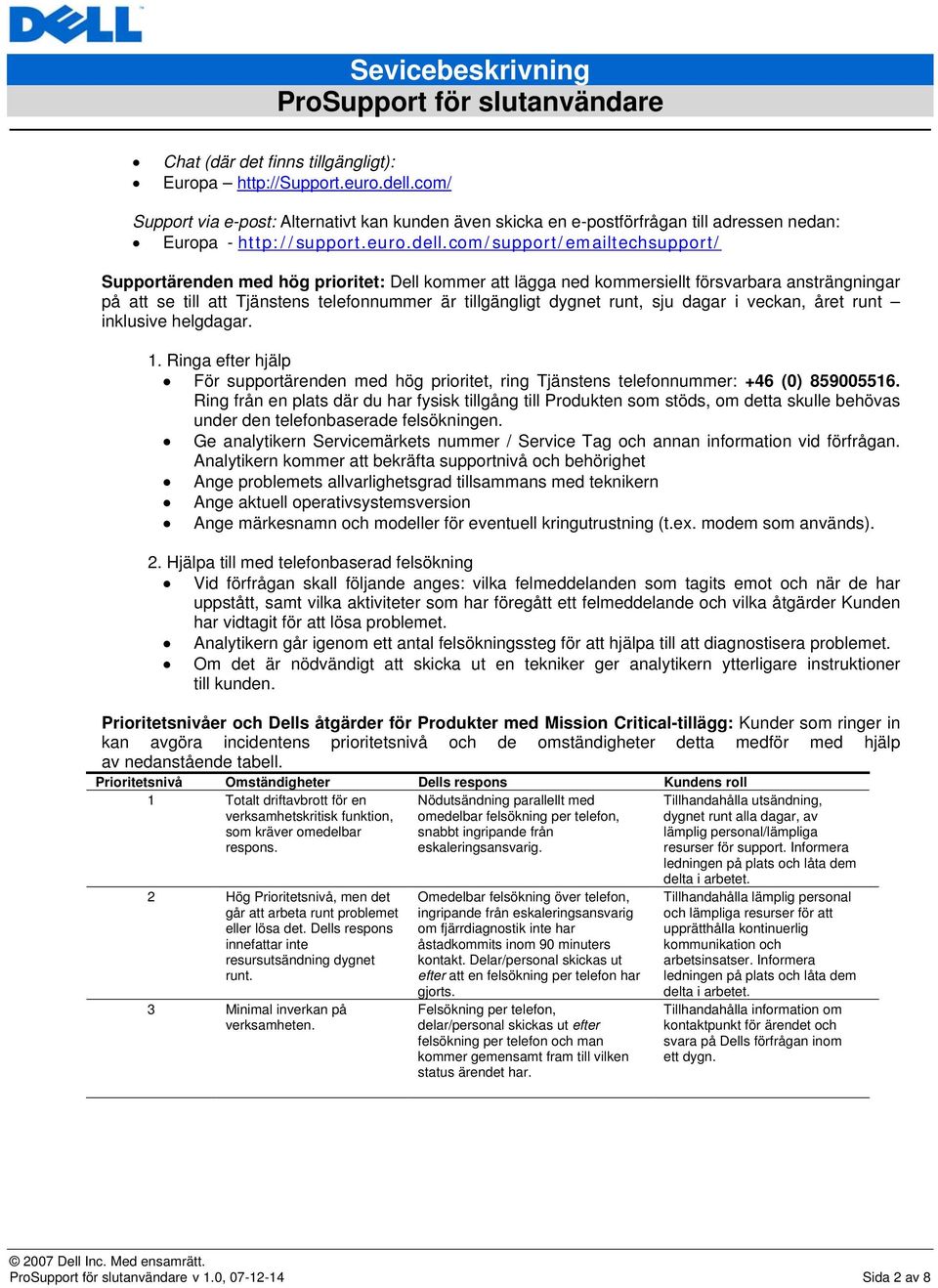 com/support/emailtechsupport/ Supportärenden med hög prioritet: Dell kommer att lägga ned kommersiellt försvarbara ansträngningar på att se till att Tjänstens telefonnummer är tillgängligt dygnet