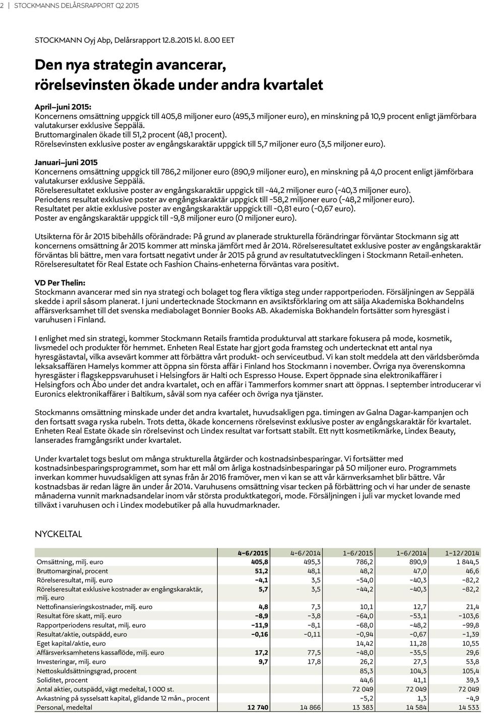 procent enligt jämförbara valutakurser exklusive Seppälä. Bruttomarginalen ökade till 51,2 procent (48,1 procent).