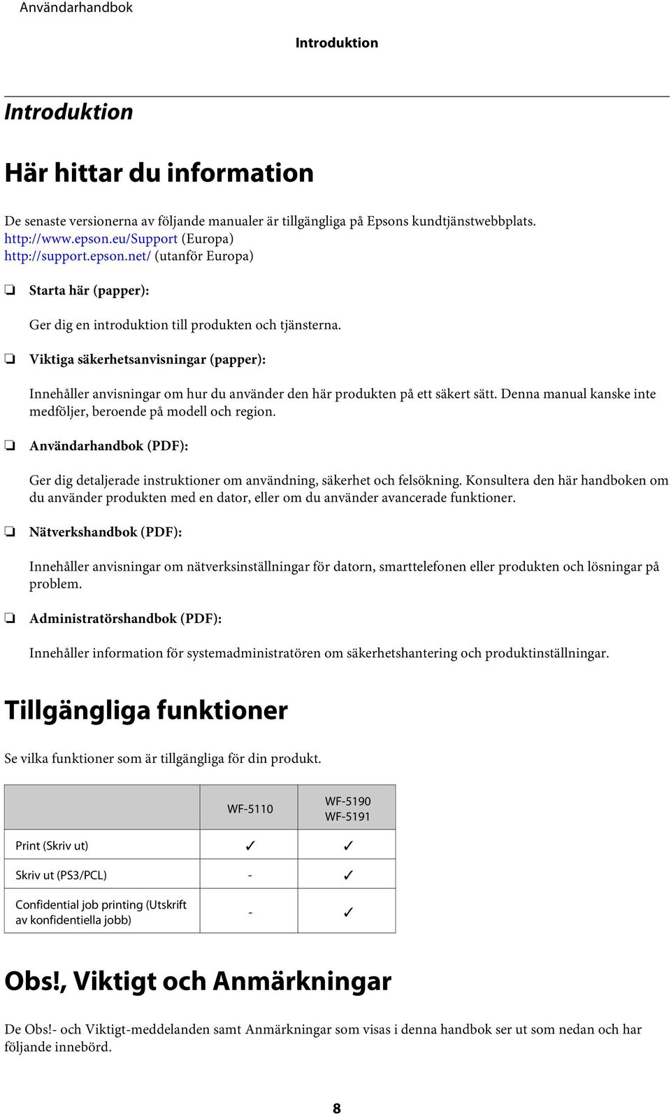 Viktiga säkerhetsanvisningar (papper): Innehåller anvisningar om hur du använder den här produkten på ett säkert sätt. Denna manual kanske inte medföljer, beroende på modell och region.