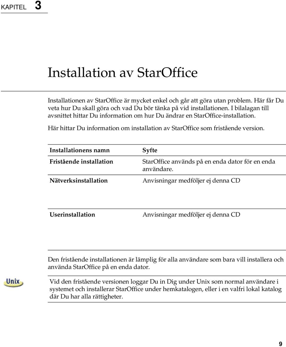 Installationens namn Fristående installation Nätverksinstallation Syfte StarOffice används på en enda dator för en enda användare.