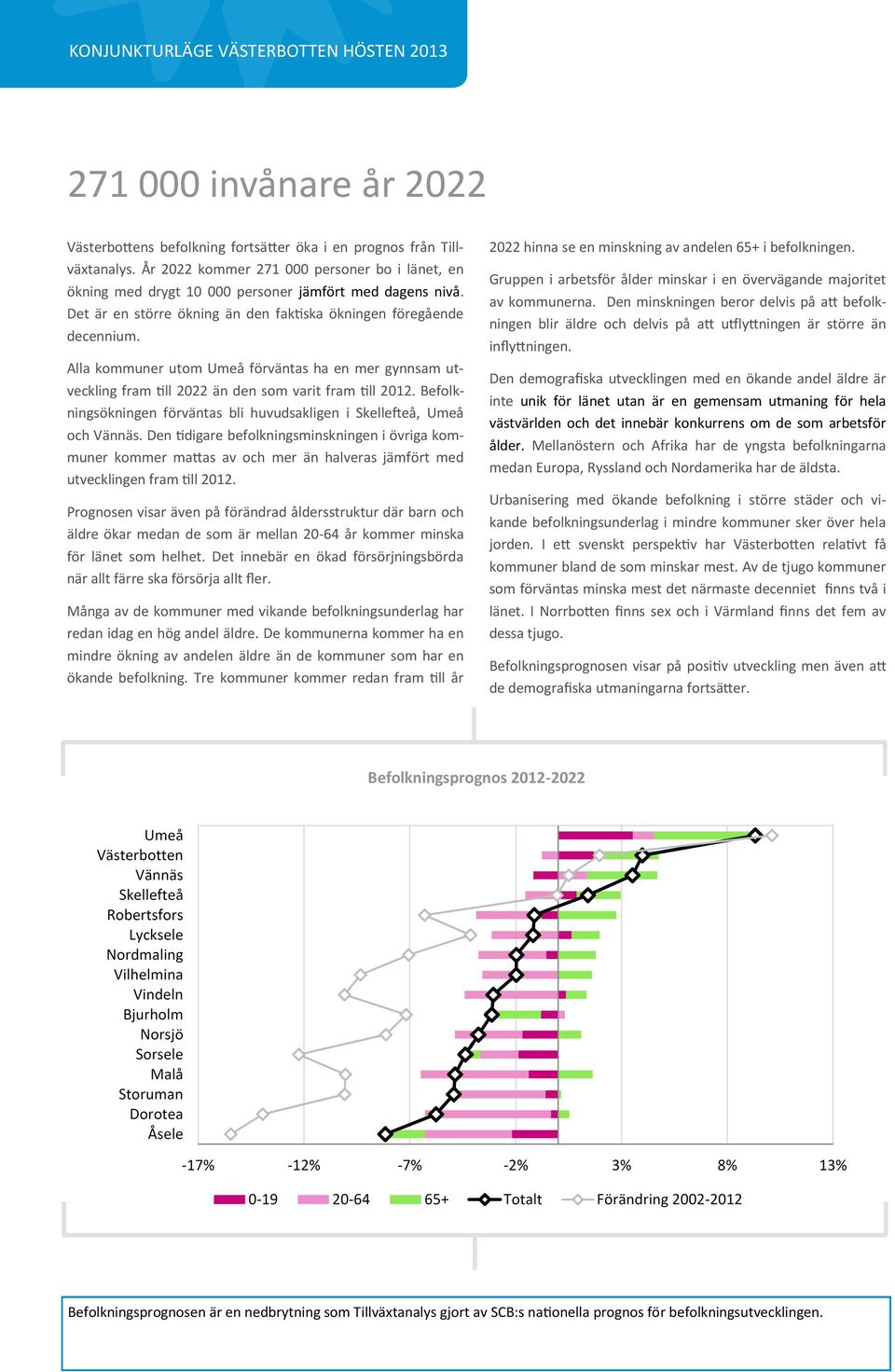 Alla kommuner utom Umeå förväntas ha en mer gynnsam utveckling fram till 2022 än den som varit fram till 2012. Befolkningsökningen förväntas bli huvudsakligen i Skellefteå, Umeå och Vännäs.