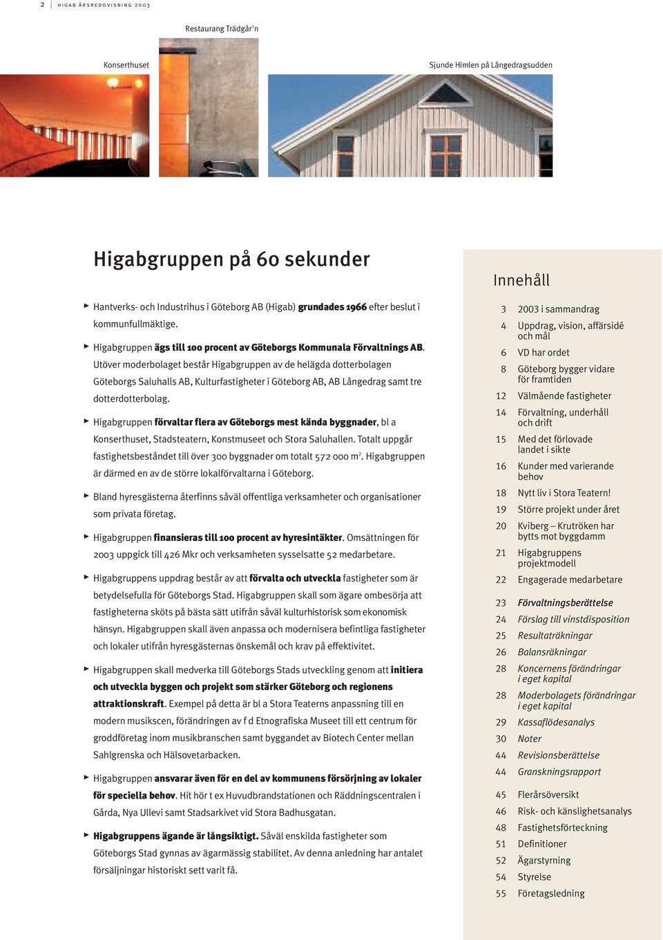 Utöver moderbolaget består Higabgruppen av de helägda dotterbolagen Göteborgs Saluhalls AB, Kulturfastigheter i Göteborg AB, AB Långedrag samt tre dotterdotterbolag.