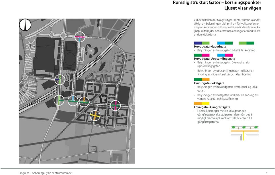 Huvudgata-Huvudgata - Belysningen av huvudgatan bibehålls i korsning Huvudgata-Uppsamlingsgata - Belysningen av huvudgatan överordnar sig uppsamlingsgatan.