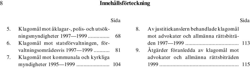 Klagomål mot kommunala och kyrkliga myndigheter 1995 1999... 104 Sida 8.