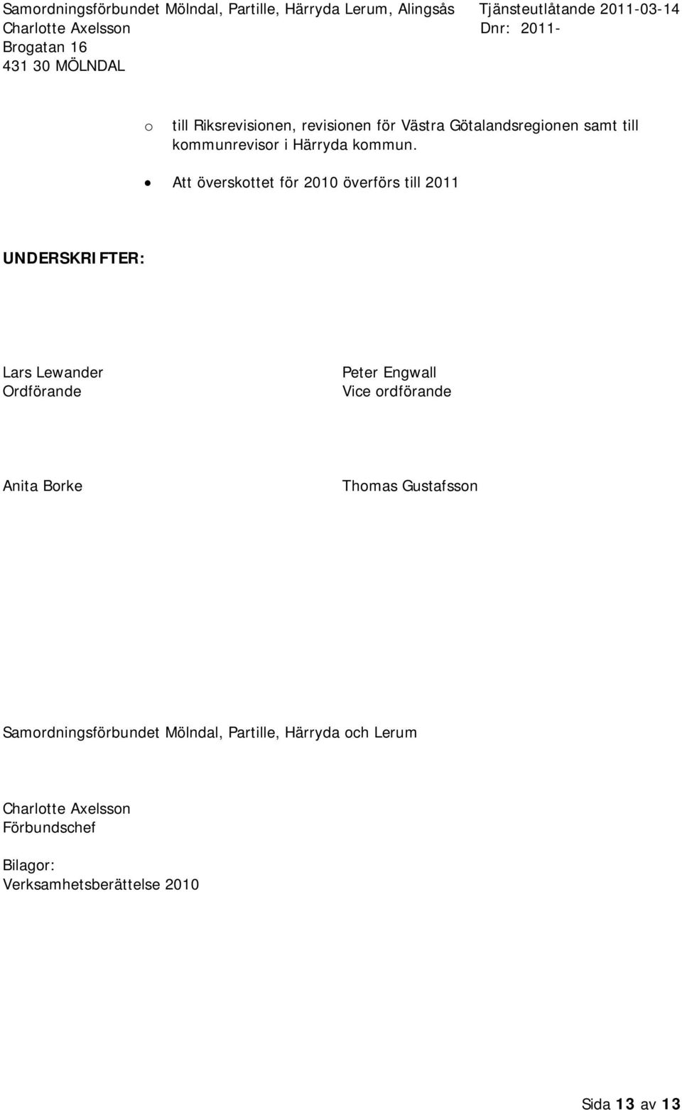 Att överskttet för 2010 överförs till 2011 UNDERSKRIFTER: Lars Lewander Ordförande Peter