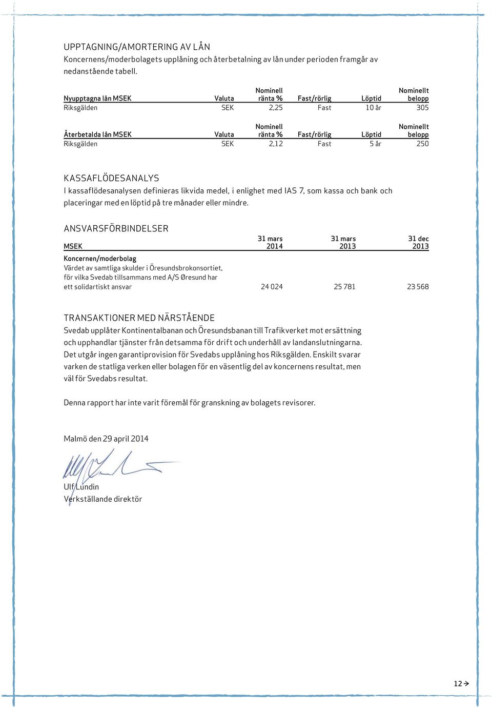 Riksgälden SEK 2,12 Fast 5 år 250 KASSAFLÖDESANALYS I kassaflödesanalysen definieras likvida medel, i enlighet med IAS 7, som kassa och bank och placeringar med en löptid på tre månader eller mindre.