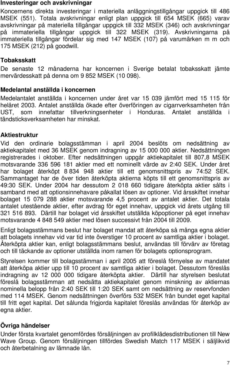 MSEK (319). Avskrivningarna på immateriella tillgångar fördelar sig med 147 MSEK (107) på varumärken m m och 175 MSEK (212) på goodwill.