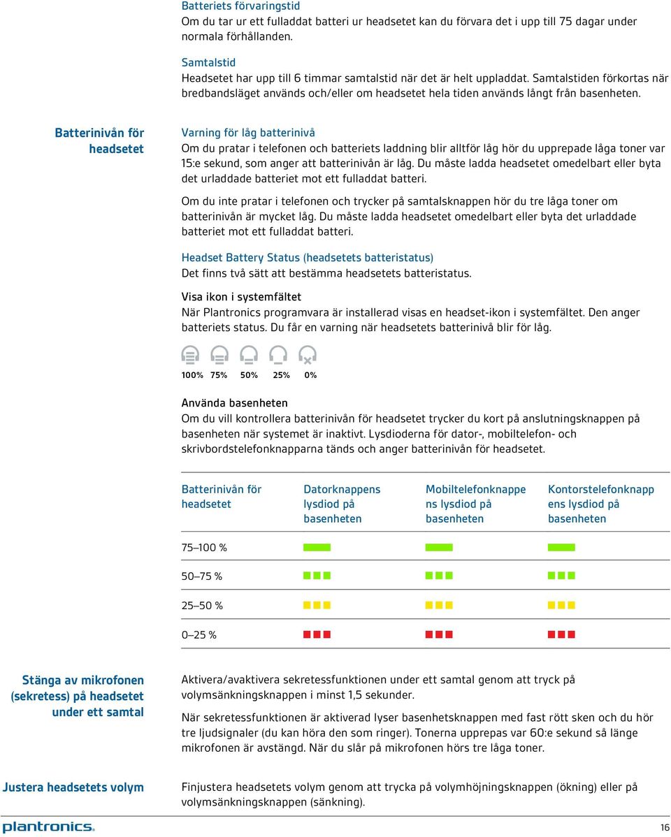 Batterinivån för headsetet Varning för låg batterinivå Om du pratar i telefonen och batteriets laddning blir alltför låg hör du upprepade låga toner var 15:e sekund, som anger att batterinivån är låg.