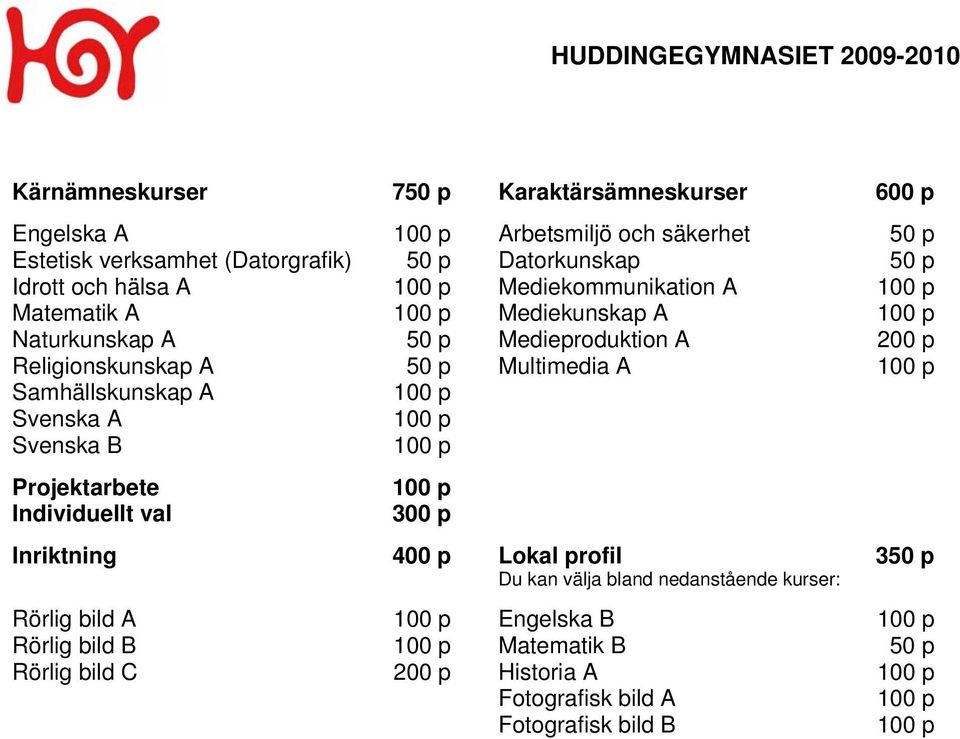 Multimedia A Inriktning 400 p Lokal profil Du kan välja bland nedanstående