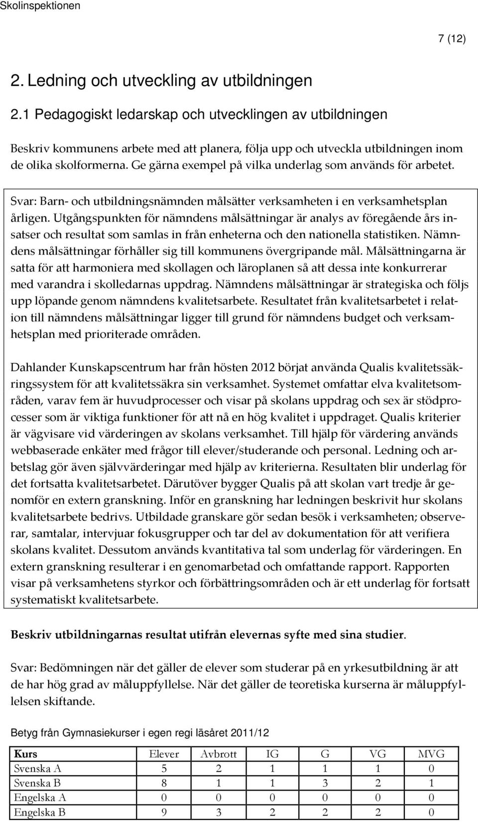 Ge gärna exempel på vilka underlag som används för arbetet. Svar: Barn- och utbildningsnämnden målsätter verksamheten i en verksamhetsplan årligen.