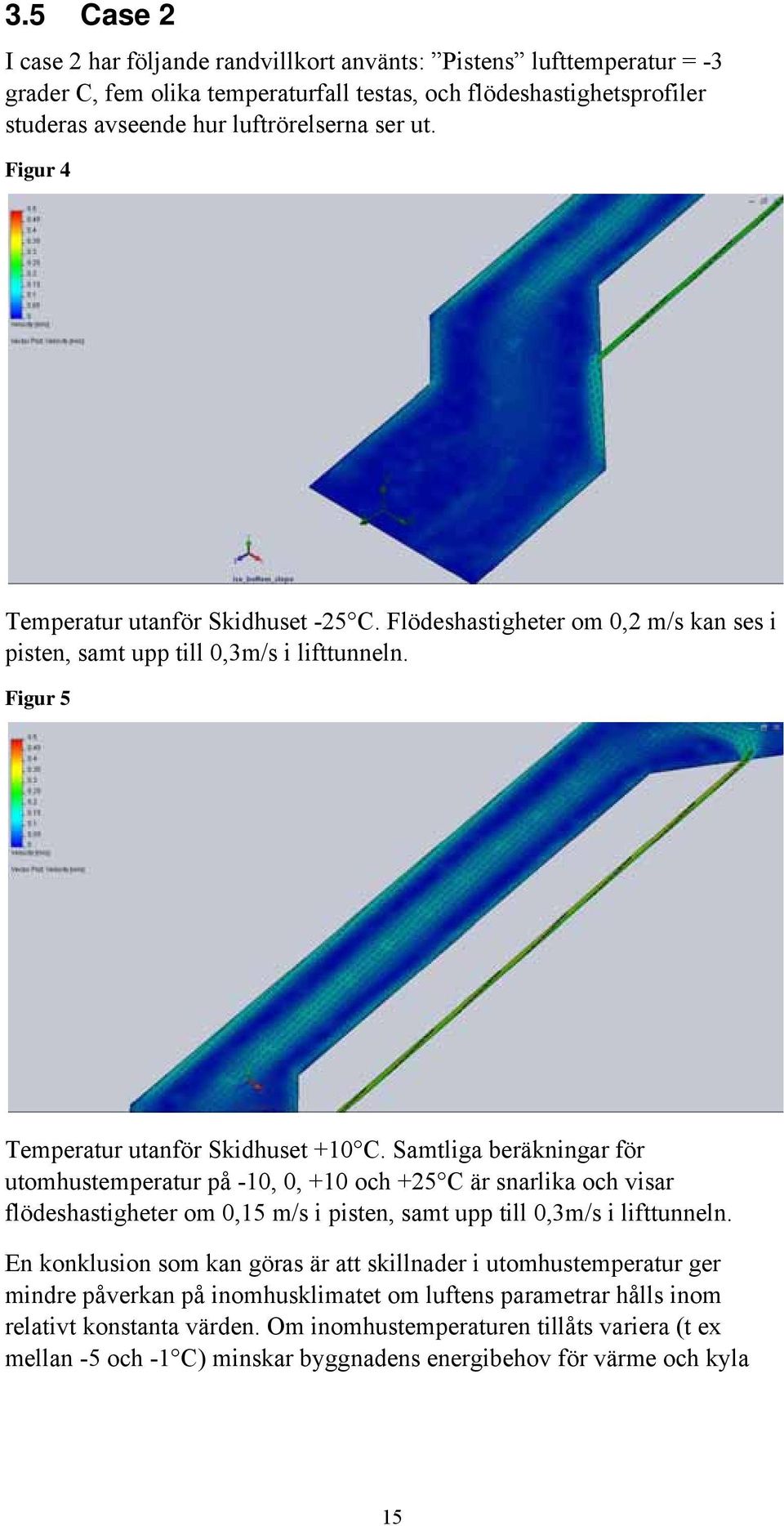 Samtliga beräkningar för utomhustemperatur på -10, 0, +10 och +25 C är snarlika och visar flödeshastigheter om 0,15 m/s i pisten, samt upp till 0,3m/s i lifttunneln.