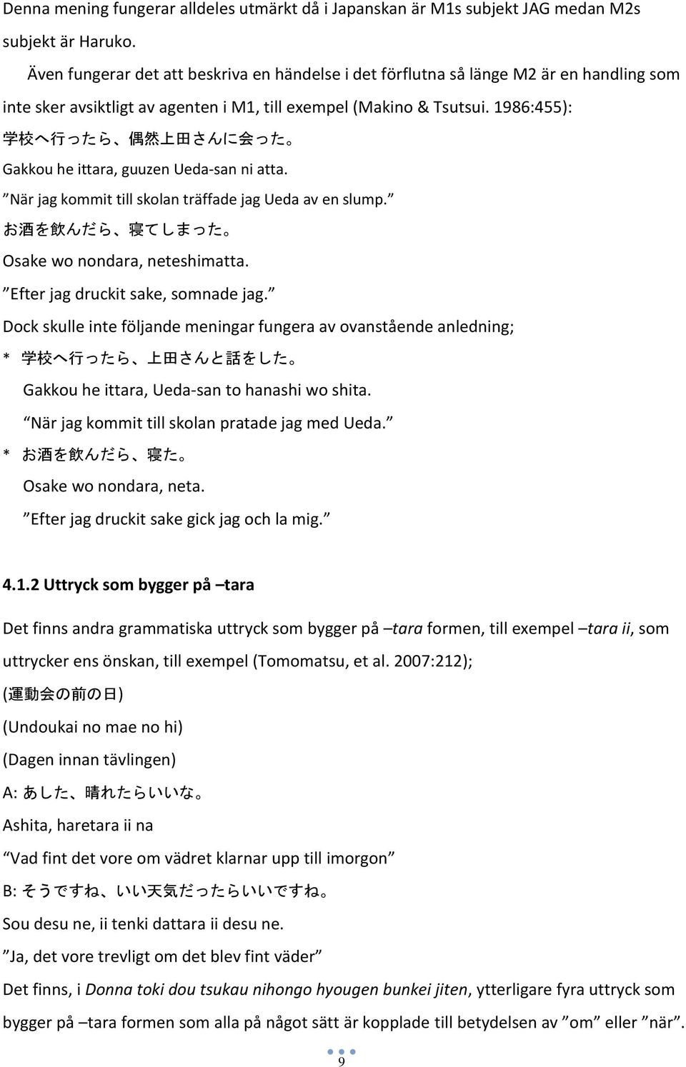 1986:455): 学 校 へ 行 ったら 偶 然 上 田 さんに 会 った Gakkou he ittara, guuzen Ueda-san ni atta. När jag kommit till skolan träffade jag Ueda av en slump. お 酒 を 飲 んだら 寝 てしまった Osake wo nondara, neteshimatta.