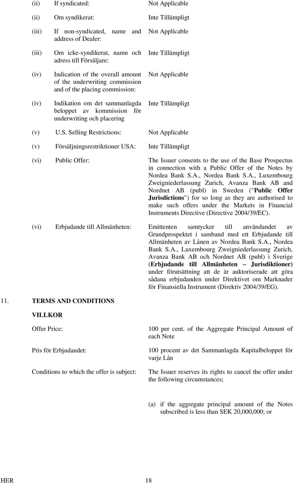 Selling Restrictions: Not Applicable (v) Försäljningsrestriktioner USA: (vi) Public Offer: The Issuer consents to the use of the Base Prospectus in connection with a Public Offer of the Notes by