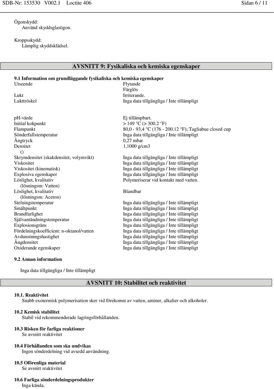 Lukttröskel ph-värde Initial kokpunkt Flampunkt Sönderfallstemperatur Ångtryck Densitet () Skrymdensitet (skakdensitet, volymvikt) Viskositet Viskositet (kinematisk) Explosiva egenskaper Löslighet,