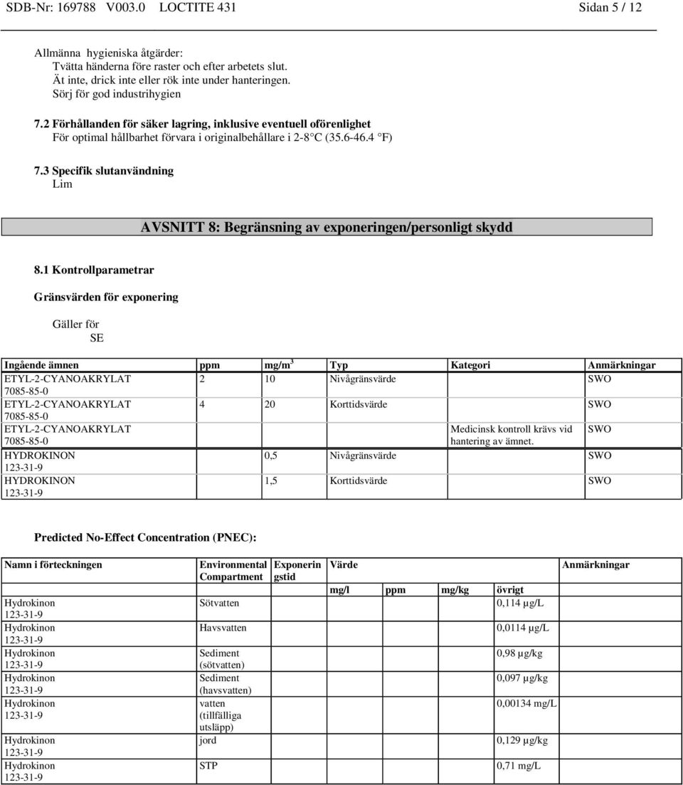 3 Specifik slutanvändning Lim AVSNITT 8: Begränsning av exponeringen/personligt skydd 8.