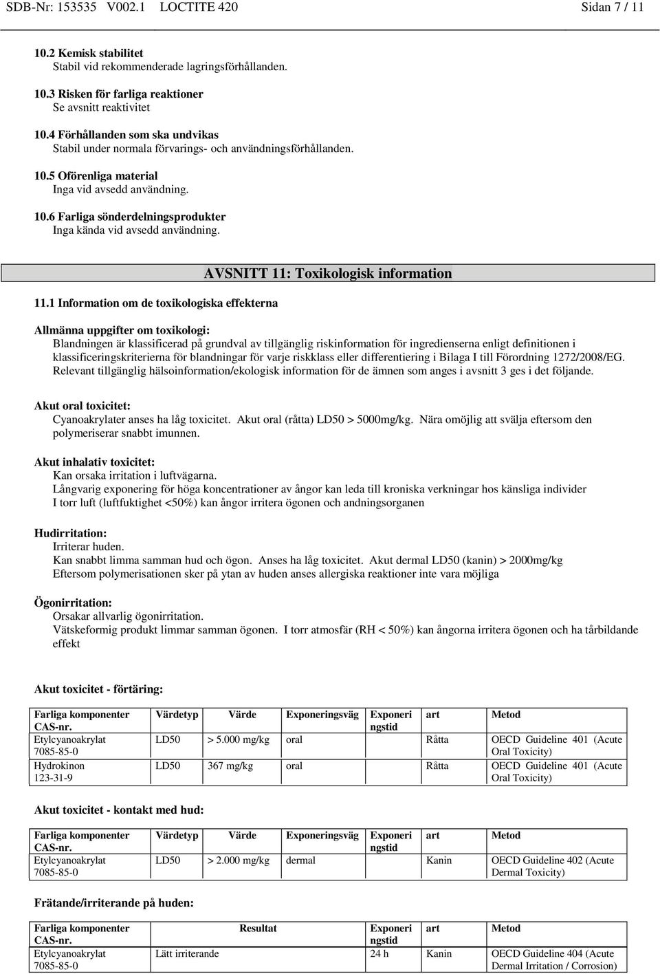 11.1 Information om de toxikologiska effekterna AVSNITT 11: Toxikologisk information Allmänna uppgifter om toxikologi: Blandningen är klassificerad på grundval av tillgänglig riskinformation för