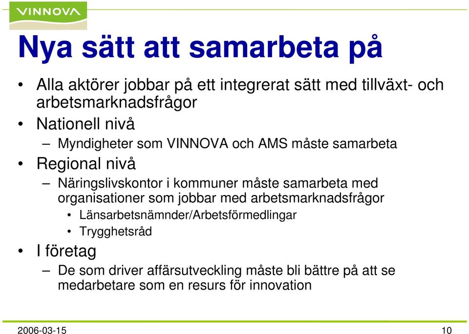 samarbeta med organisationer som jobbar med arbetsmarknadsfrågor Länsarbetsnämnder/Arbetsförmedlingar Trygghetsråd