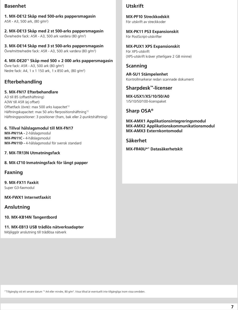 MX-DE20 *1 Skåp med 500 + 2 000 arks pappersmagasin Övre fack: A5R - A3, 500 ark (80 g/m 2 ) Nedre fack: A4, 1 x 1 150 ark, 1 x 850 ark, (80 g/m 2 ) Efterbehandling 5.