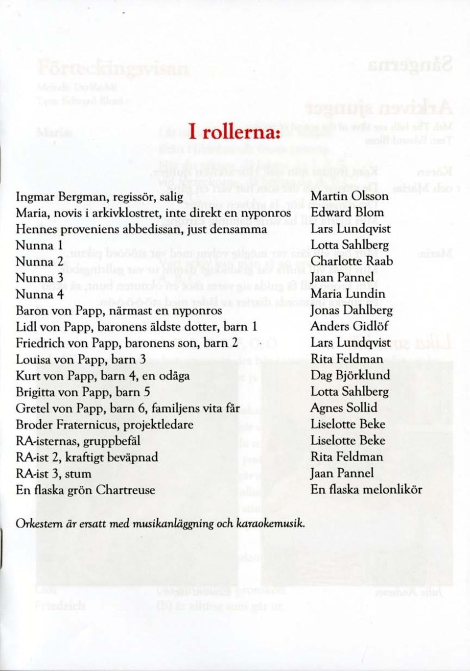 barn 6, familjens vita får Broder Fraternicus, projektledare RA-isternas, gruppbefäl RA-ist 2, kraftigt beväpnad RA-ist 3, stum En flaska grön Chartreuse Martin Olsson Edward Blom Lars Lundqvist