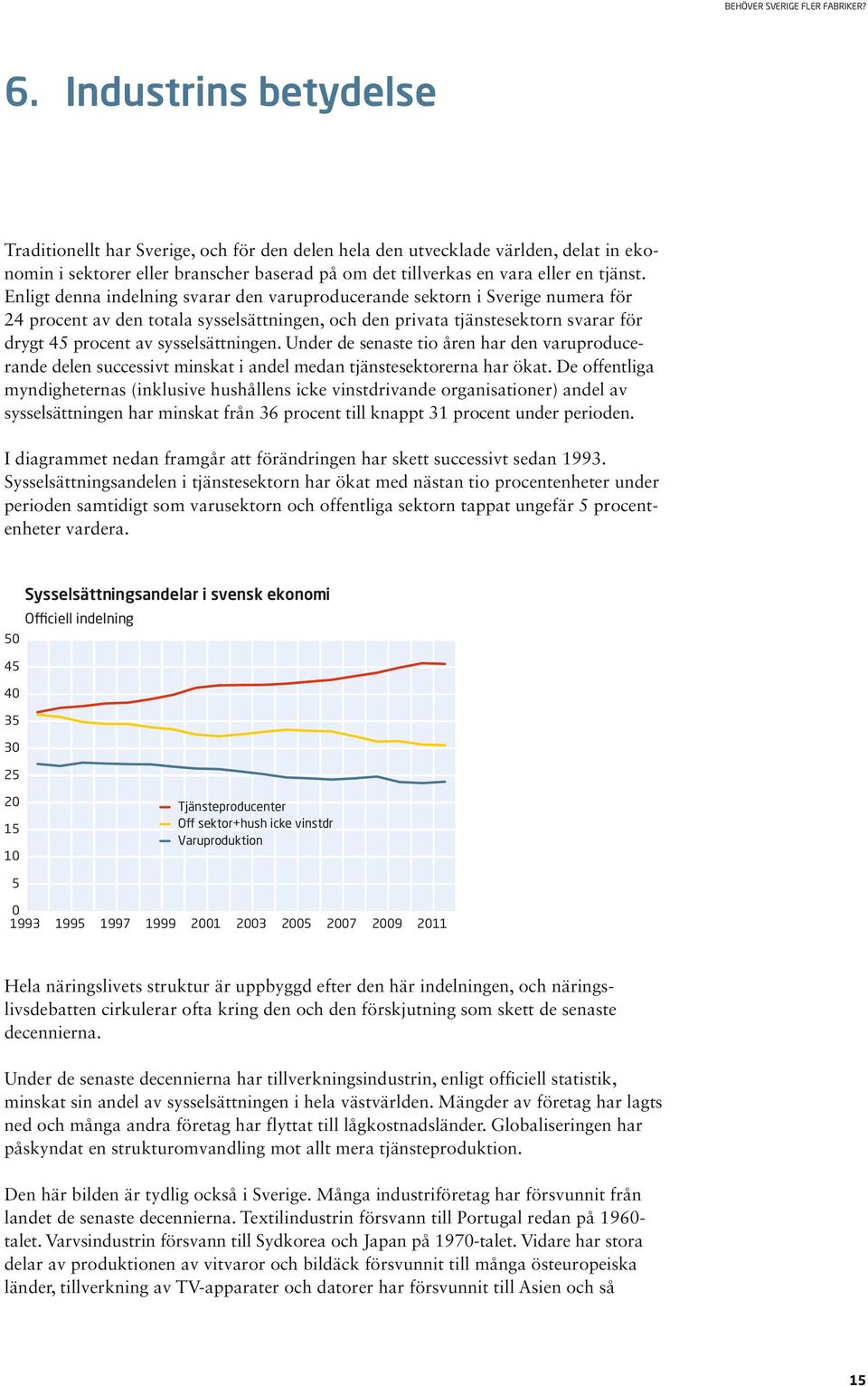 ningen. Under de senaste tio åren har den varuproducerande delen successivt minskat i andel medan tjänstesek torerna har ökat.