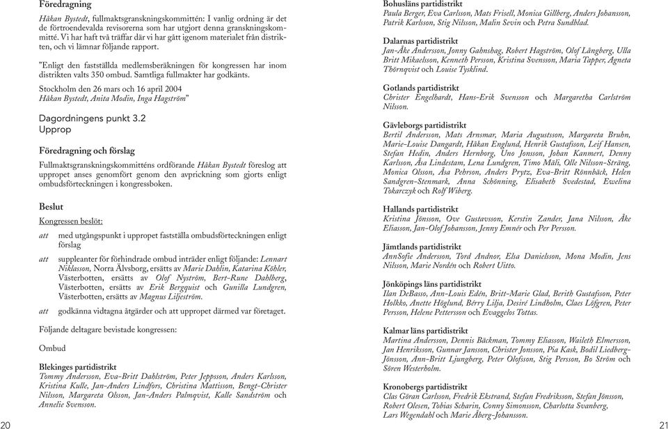 Samtliga fullmakter har godkänts. Stockholm den 26 mars och 16 april 2004 Håkan Bystedt, Anita Modin, Inga Hagström Dagordningens punkt 3.