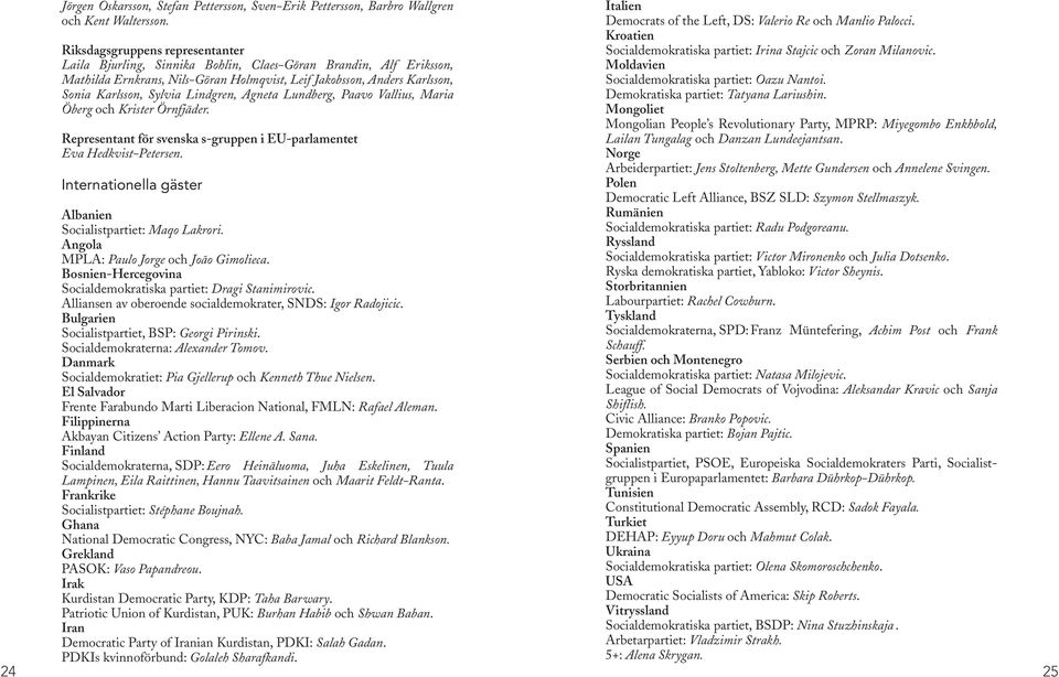 Lindgren, Agneta Lundberg, Paavo Vallius, Maria Öberg och Krister Örnfjäder. Representant för svenska s-gruppen i EU-parlamentet Eva Hedkvist-Petersen.
