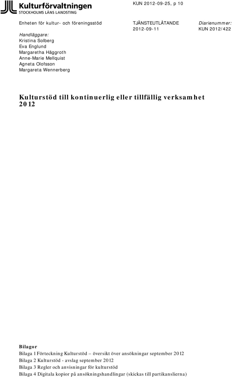 tillfällig verksamhet 2012 Bilagor Bilaga 1 Förteckning Kulturstöd översikt över ansökningar september 2012 Bilaga 2 Kulturstöd - avslag