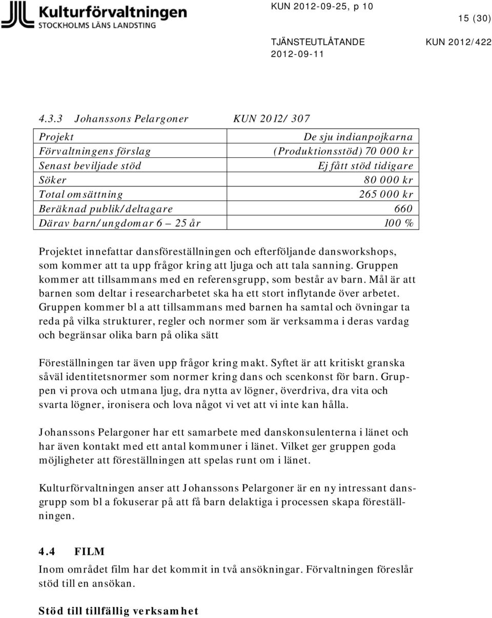 3 Johanssons Pelargoner KUN 2012/ 307 Projekt De sju indianpojkarna Förvaltningens förslag (Produktionsstöd) 70 000 kr Senast beviljade stöd Ej fått stöd tidigare Söker 80 000 kr Total omsättning 265