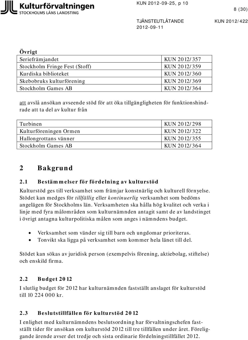 Kulturföreningen Ormen KUN 2012/322 Hallongrottans vänner KUN 2012/355 Stockholm Games AB KUN 2012/364 2 Bakgrund 2.