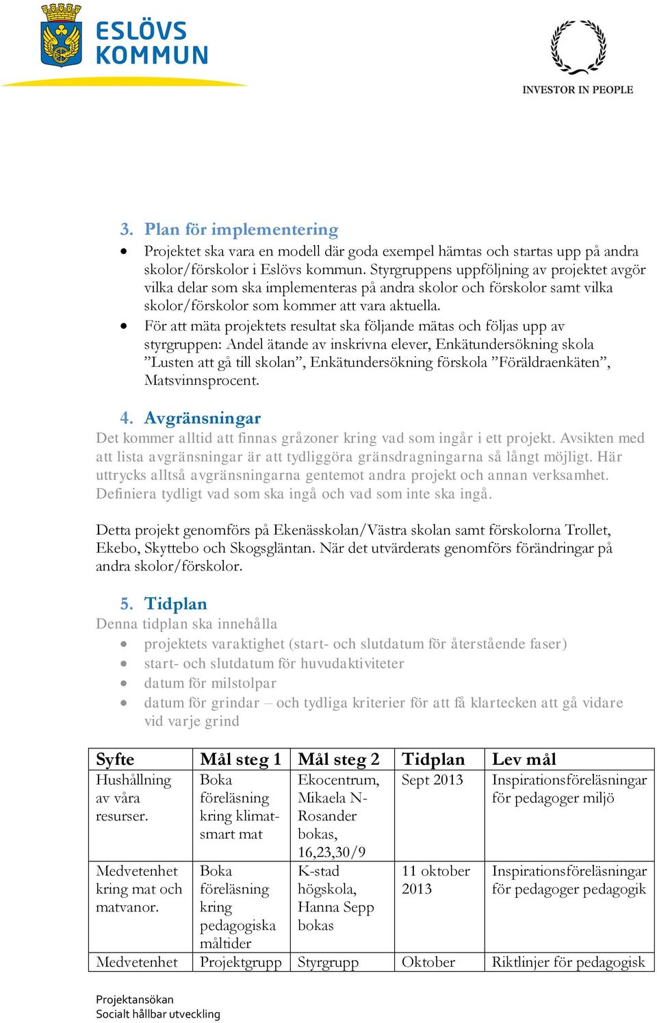 För att mäta projektets resultat ska följande mätas och följas upp av styrgruppen: Andel ätande av inskrivna elever, Enkätundersökning skola Lusten att gå till skolan, Enkätundersökning förskola