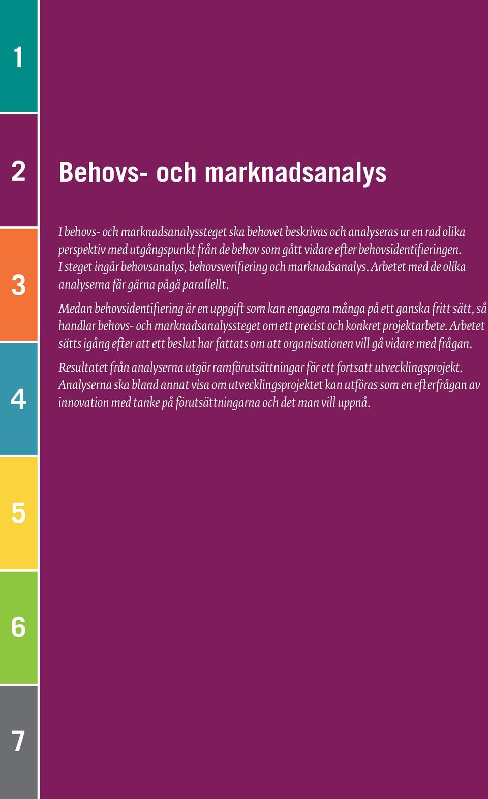 Medan behovsidentifiering är en uppgift som kan engagera många på ett ganska fritt sätt, så handlar behovs- och marknadsanalyssteget om ett precist och konkret projektarbete.