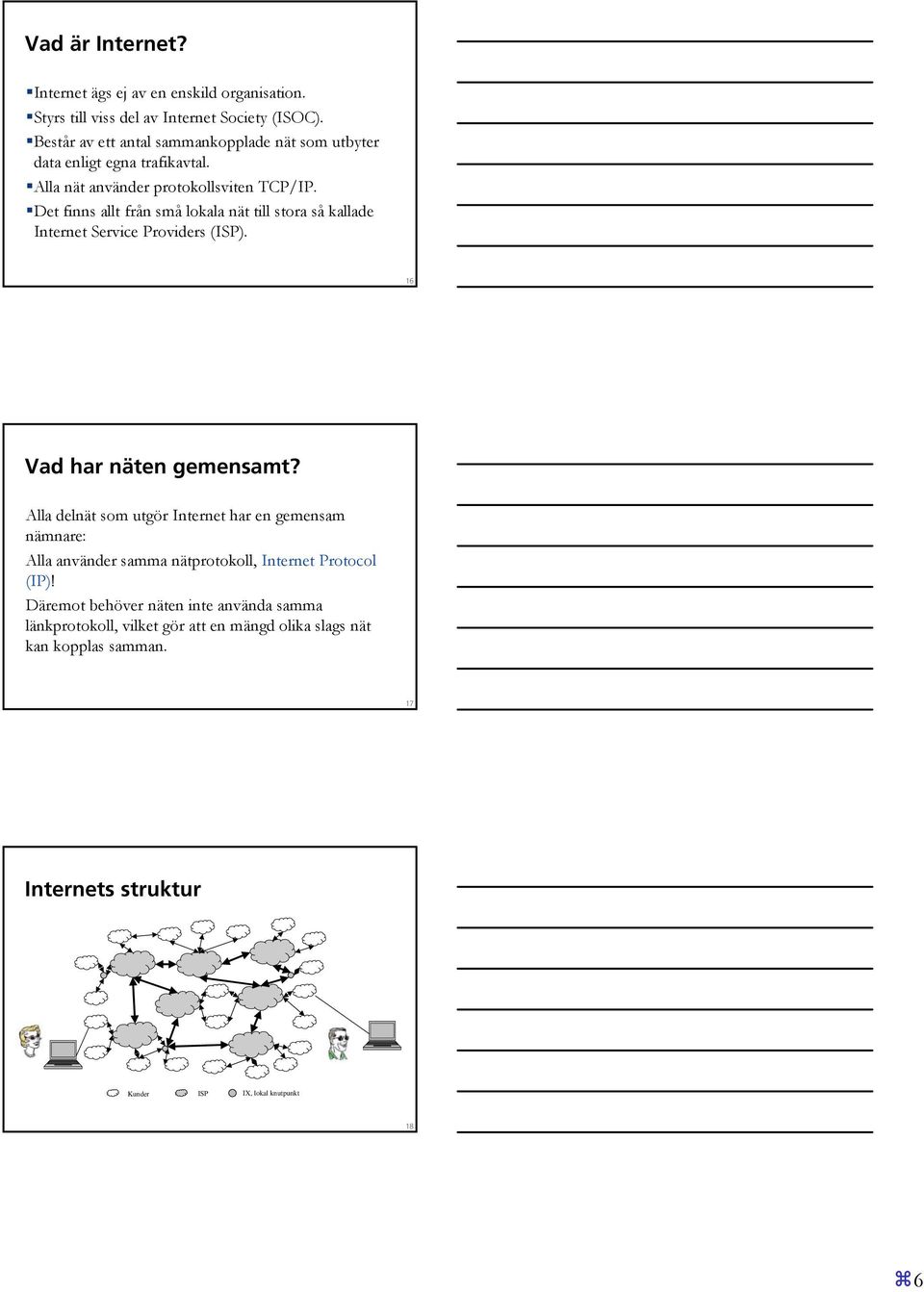 Det finns allt från små lokala nät till stora så kallade Internet Service Providers (ISP). 16 Vad har näten gemensamt?