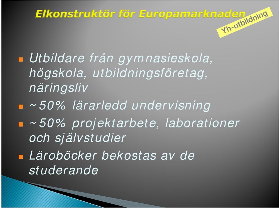 lärarledd undervisning ~50% projektarbete,