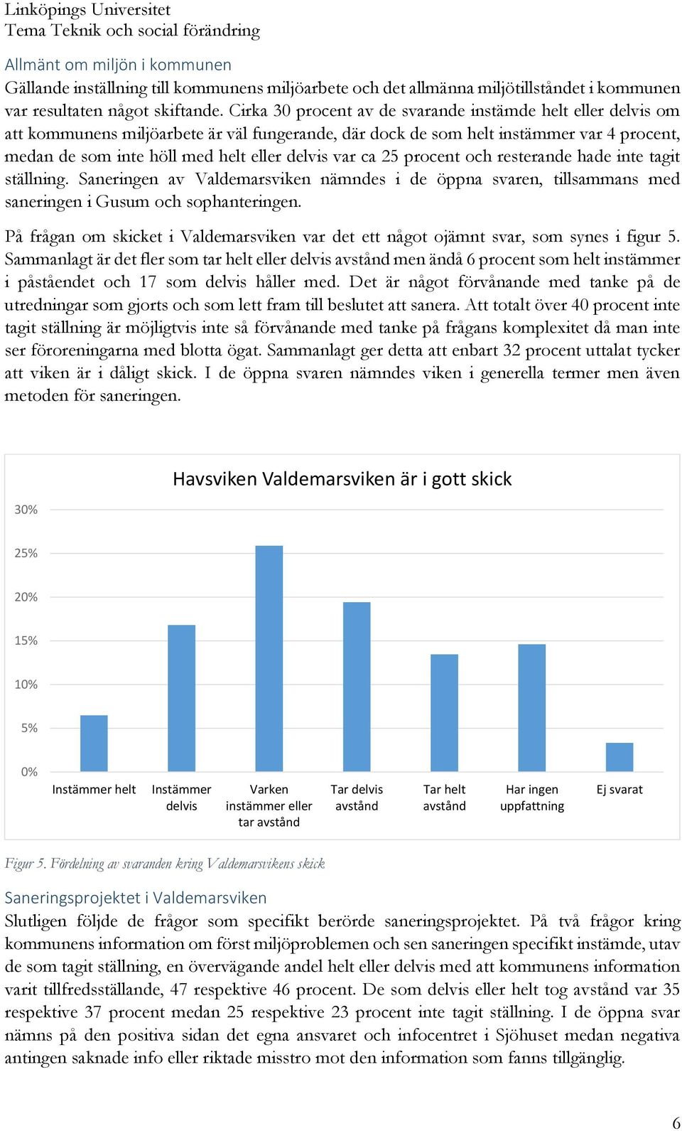 var ca 25 procent och resterande hade inte tagit ställning. Saneringen av Valdemarsviken nämndes i de öppna svaren, tillsammans med saneringen i Gusum och sophanteringen.