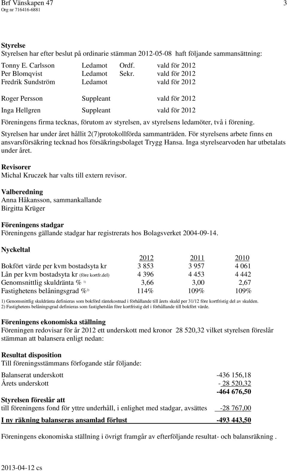 vald för 2012 Fredrik Sundström Ledamot vald för 2012 Roger Persson Suppleant vald för 2012 Inga Hellgren Suppleant vald för 2012 Föreningens firma tecknas, förutom av styrelsen, av styrelsens