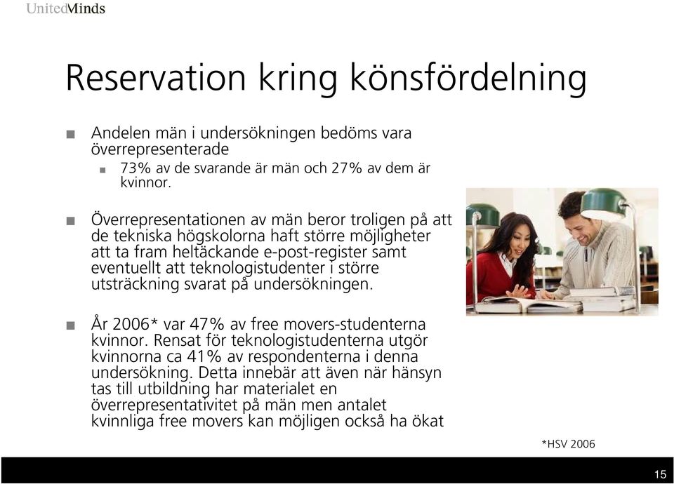 teknologistudenter i större utsträckning svarat på undersökningen. År 2006* var 47% av free movers-studenterna kvinnor.