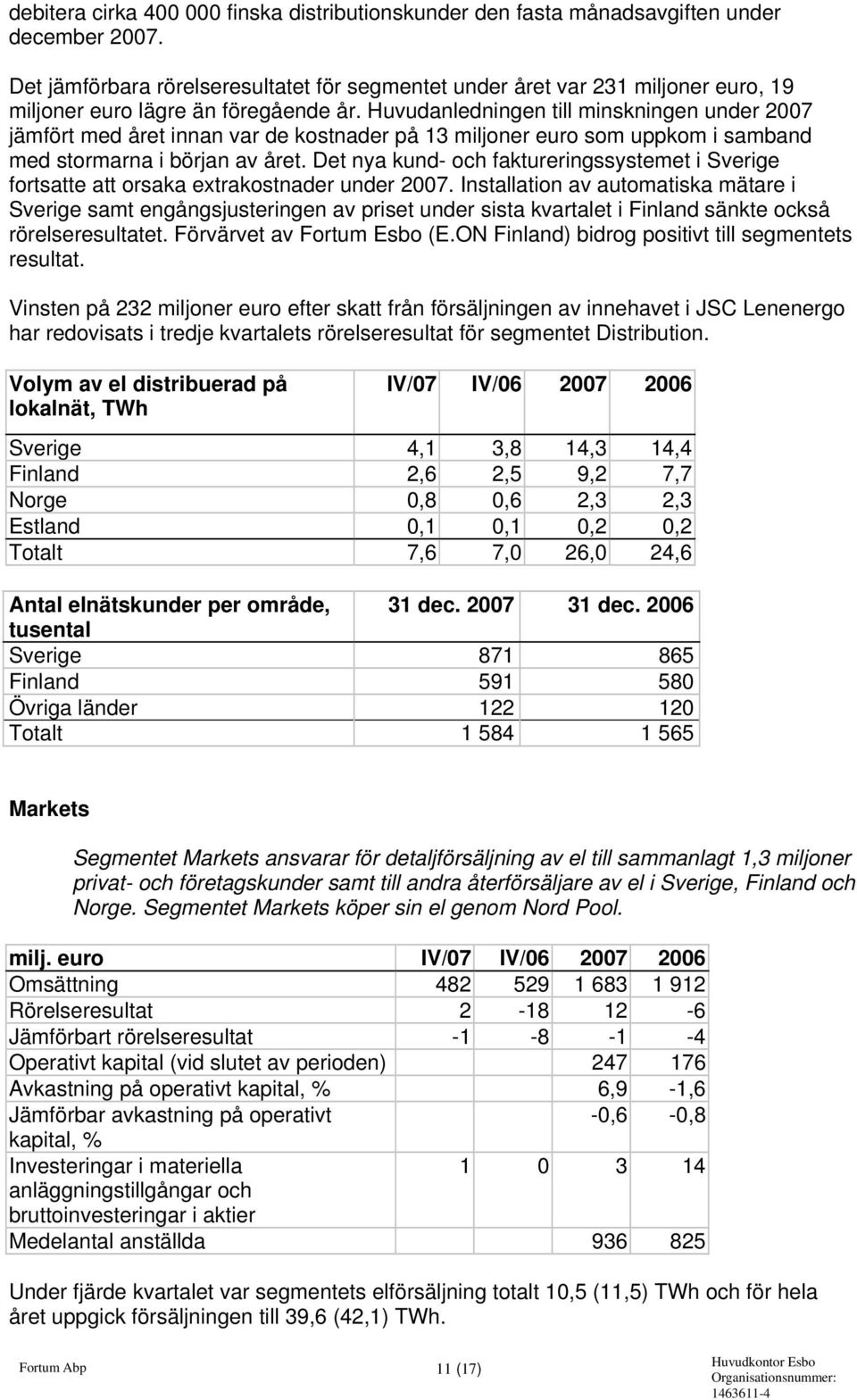 Huvudanledningen till minskningen under jämfört med året innan var de kostnader på 13 miljoner euro som uppkom i samband med stormarna i början av året.