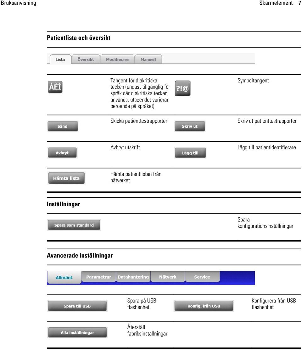 patienttestrapporter Avbryt utskrift Lägg till patientidentifierare Hämta patientlistan från nätverket Inställningar Spara