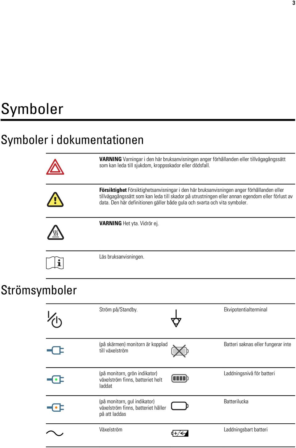 Den här definitionen gäller både gula och svarta och vita symboler. VARNING Het yta. Vidrör ej. Läs bruksanvisningen. Strömsymboler Ström på/standby.