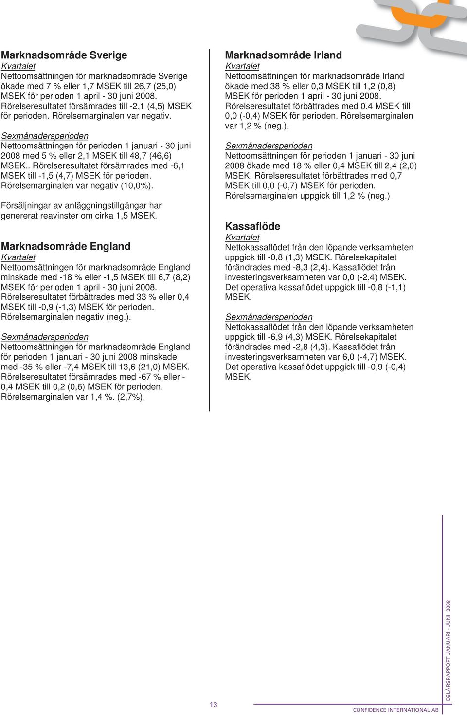 Sexmånadersperioden Nettoomsättningen för perioden 1 januari - 30 juni 2008 med 5 % eller 2,1 MSEK till 48,7 (46,6) MSEK.. Rörelseresultatet försämrades med -6,1 MSEK till -1,5 (4,7) MSEK för perioden.