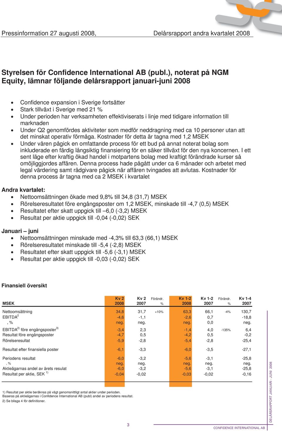 linje med tidigare information till marknaden Under Q2 genomfördes aktiviteter som medför neddragning med ca 10 personer utan att det minskat operativ förmåga.