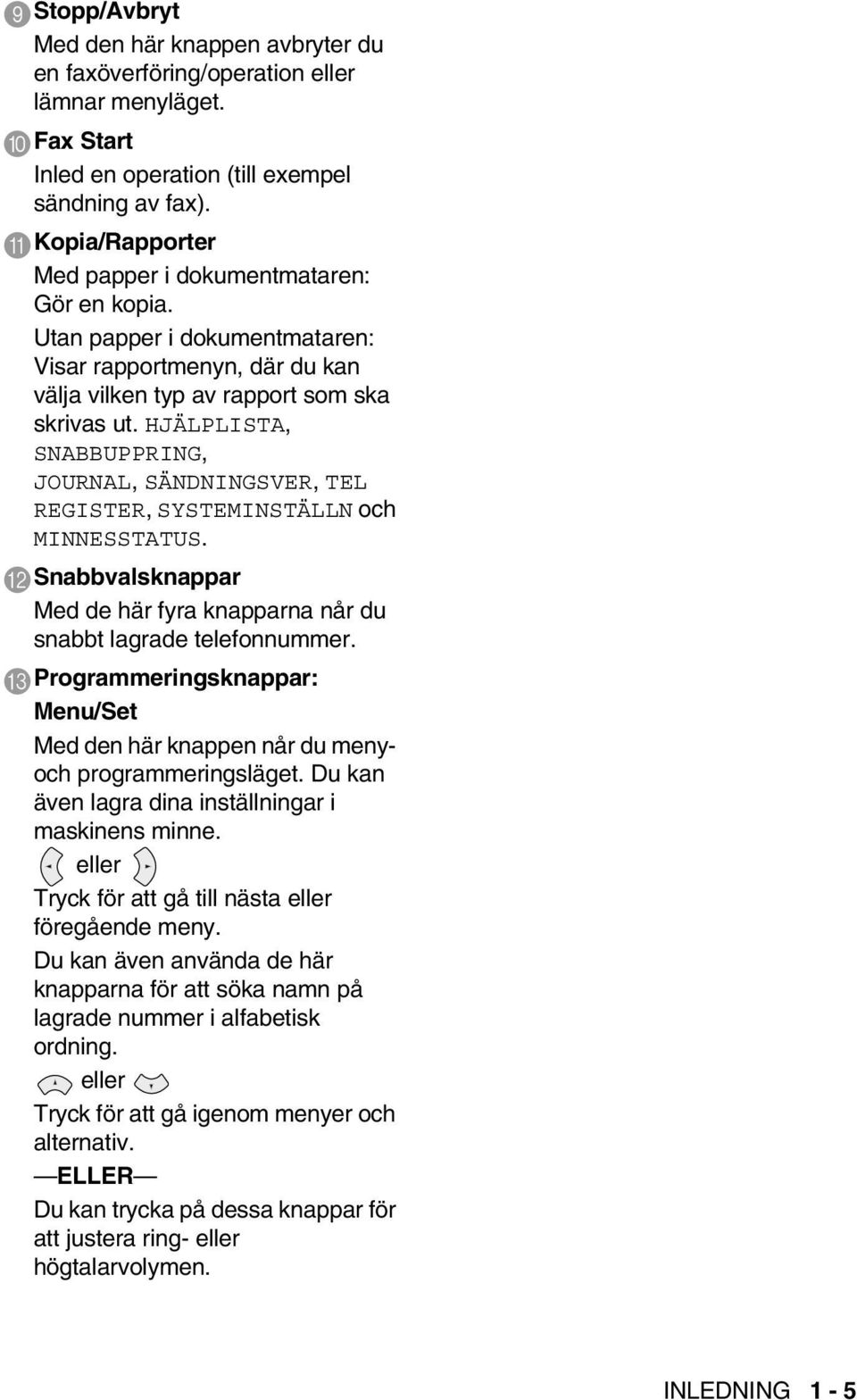 HJÄLPLISTA, SNABBUPPRING, JOURNAL, SÄNDNINGSVER, TEL REGISTER, SYSTEMINSTÄLLN och MINNESSTATUS. B Snabbvalsknappar Med de här fyra knapparna når du snabbt lagrade telefonnummer.