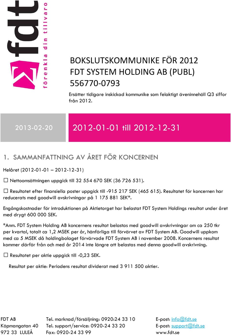 Resultatet efter finansiella poster uppgick till -915 217 SEK (465 615). Resultatet för koncernen har reducerats med goodwill avskrivningar på 1 175 881 SEK*.