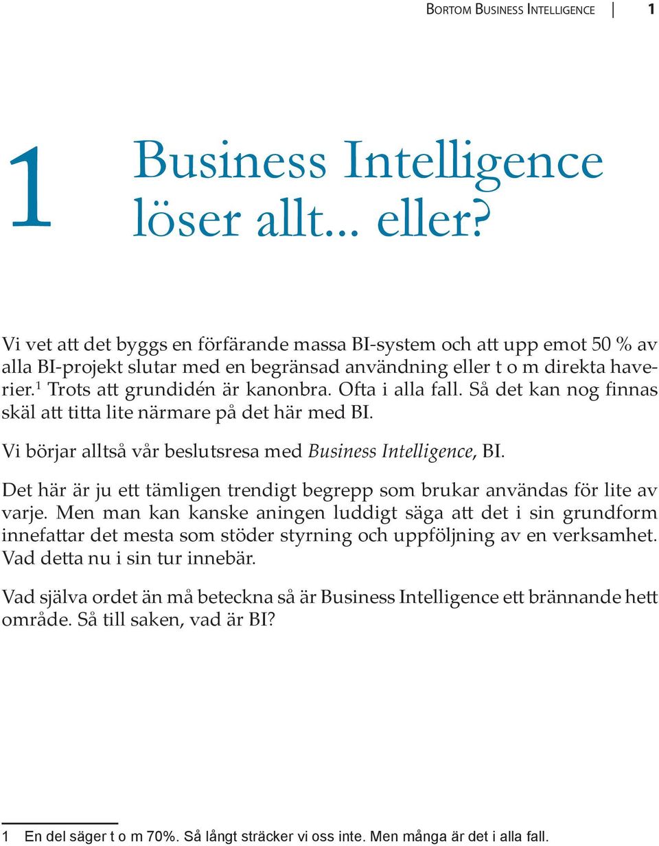 Ofta i alla fall. Så det kan nog finnas skäl att titta lite närmare på det här med BI. Vi börjar alltså vår beslutsresa med Business Intelligence, BI.