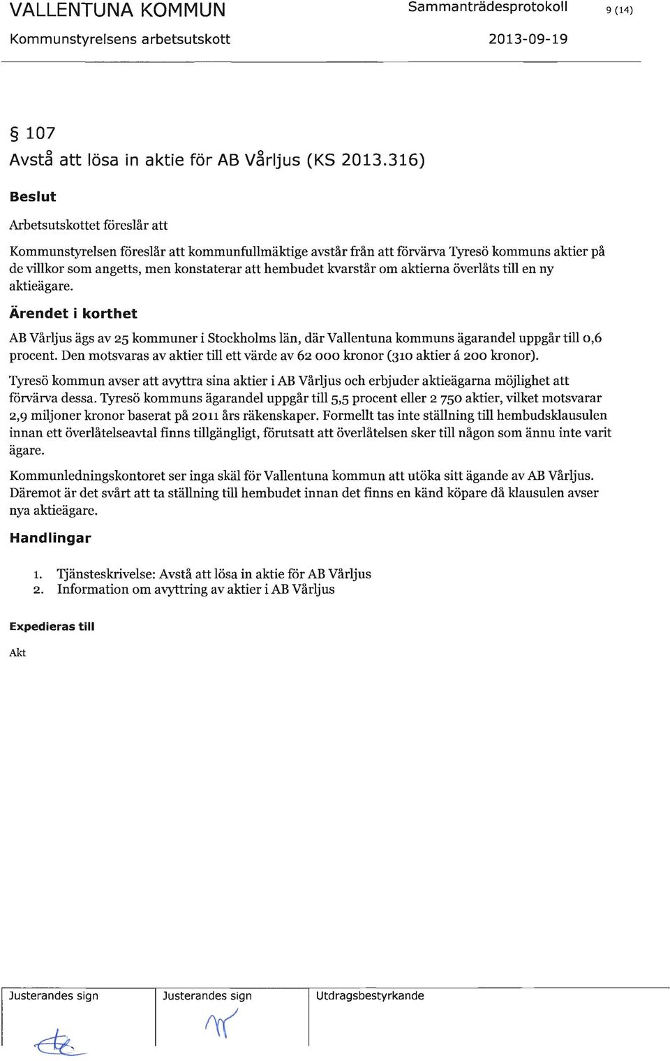 Tþesö kommuns ägarandel uppgår till5,5 procent eller z 75o aktier, vilket motsvarar 2,9 miljoner kronor baserat på zorr års räkenskaper.