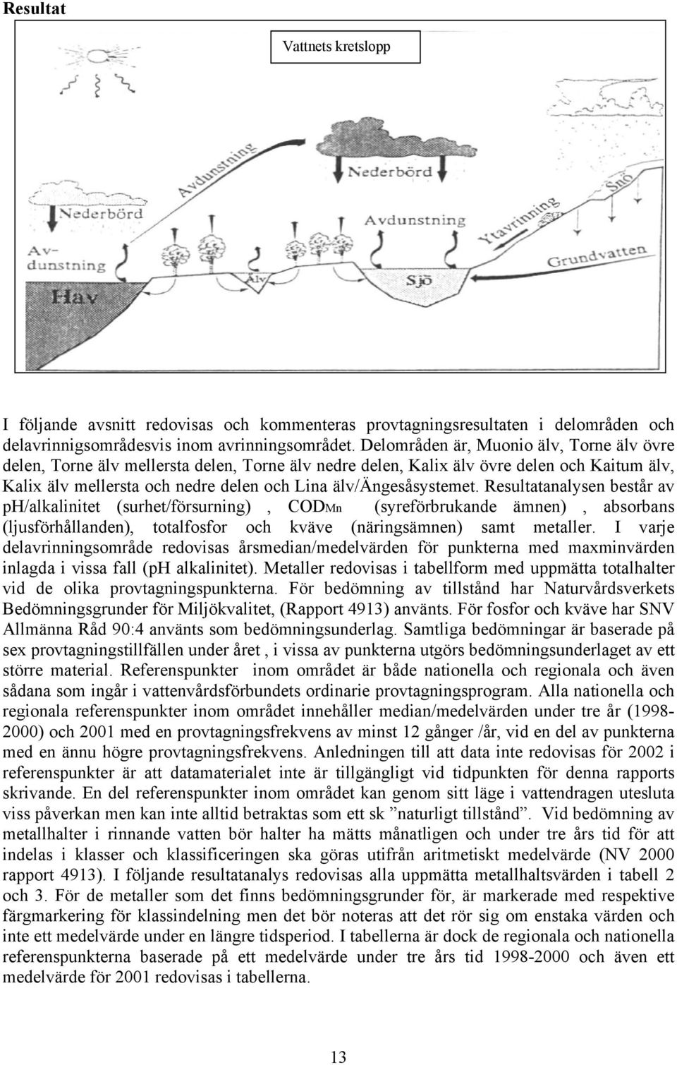 Resultatanalysen består av ph/alkalinitet (surhet/försurning), CODMn (syreförbrukande ämnen), absorbans (ljusförhållanden), totalfosfor och kväve (näringsämnen) samt metaller.