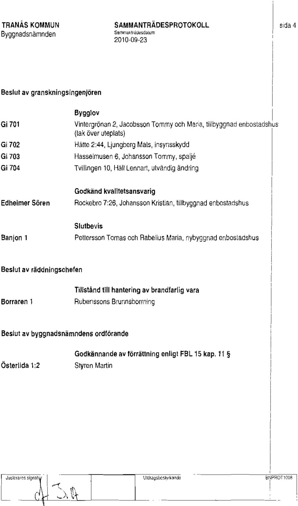 Rockebro 7:26, Johansson Kristian, tillbyggnad enbostadshus Banjon 1 Slutbevis Pettersson Tamas och Rabelius Maria, nybyggnad enbosladshus Beslut av räddningschefen Borraren 1 Tillstånd till