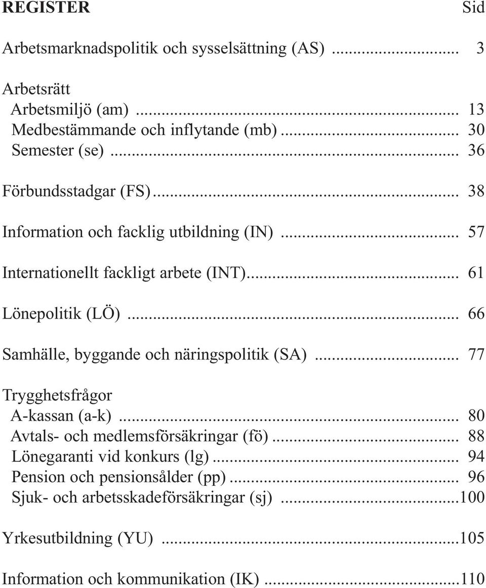 .. 66 Samhälle, byggande och näringspolitik (SA)... 77 Trygghetsfrågor A-kassan (a-k)... 80 Avtals- och medlemsförsäkringar (fö).