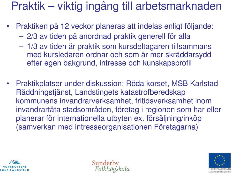 Praktikplatser under diskussion: Röda korset, MSB Karlstad Räddningstjänst, Landstingets katastrofberedskap kommunens invandrarverksamhet, fritidsverksamhet